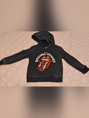 the Rolling Stones Kids Black Pullover Hoodie with Red Plaid Tongue Sz 4T